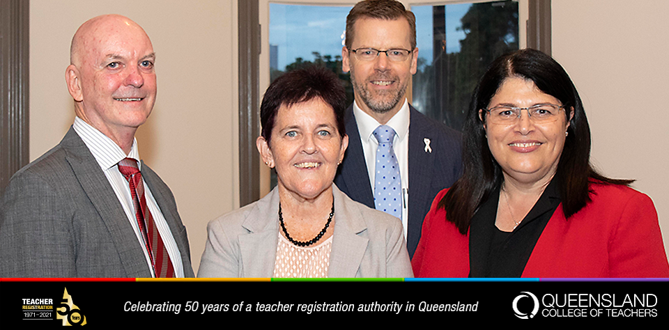 QCT Director John Ryan, QCT Chair Emeritius Professor Wendy Patton, Department of Education Director General Tony Cook and Minister for Education, Hon. Grace Grace in 2019.