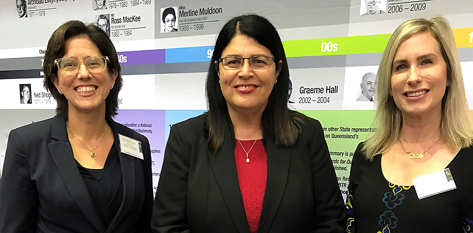 QISPN Executive Officer Justine Cirocco with Education Minister Grace Grace and Joint Council of Queensland Teachers’ Associations President Danielle Gordon.